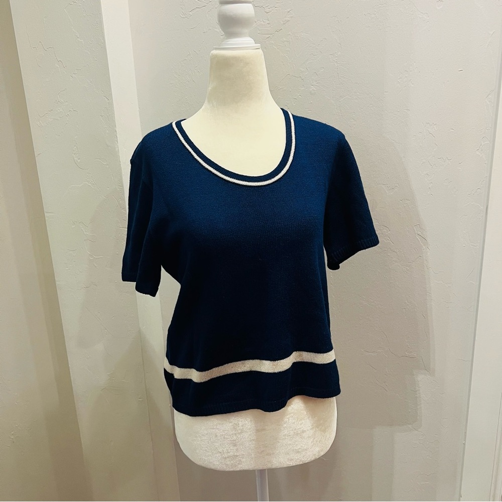 Vintage DYLANI Knitwear Sweater Navy Blue White Short Sleeve Size Medium